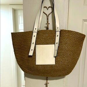 Brown and White Woven Tote with Leather Accents